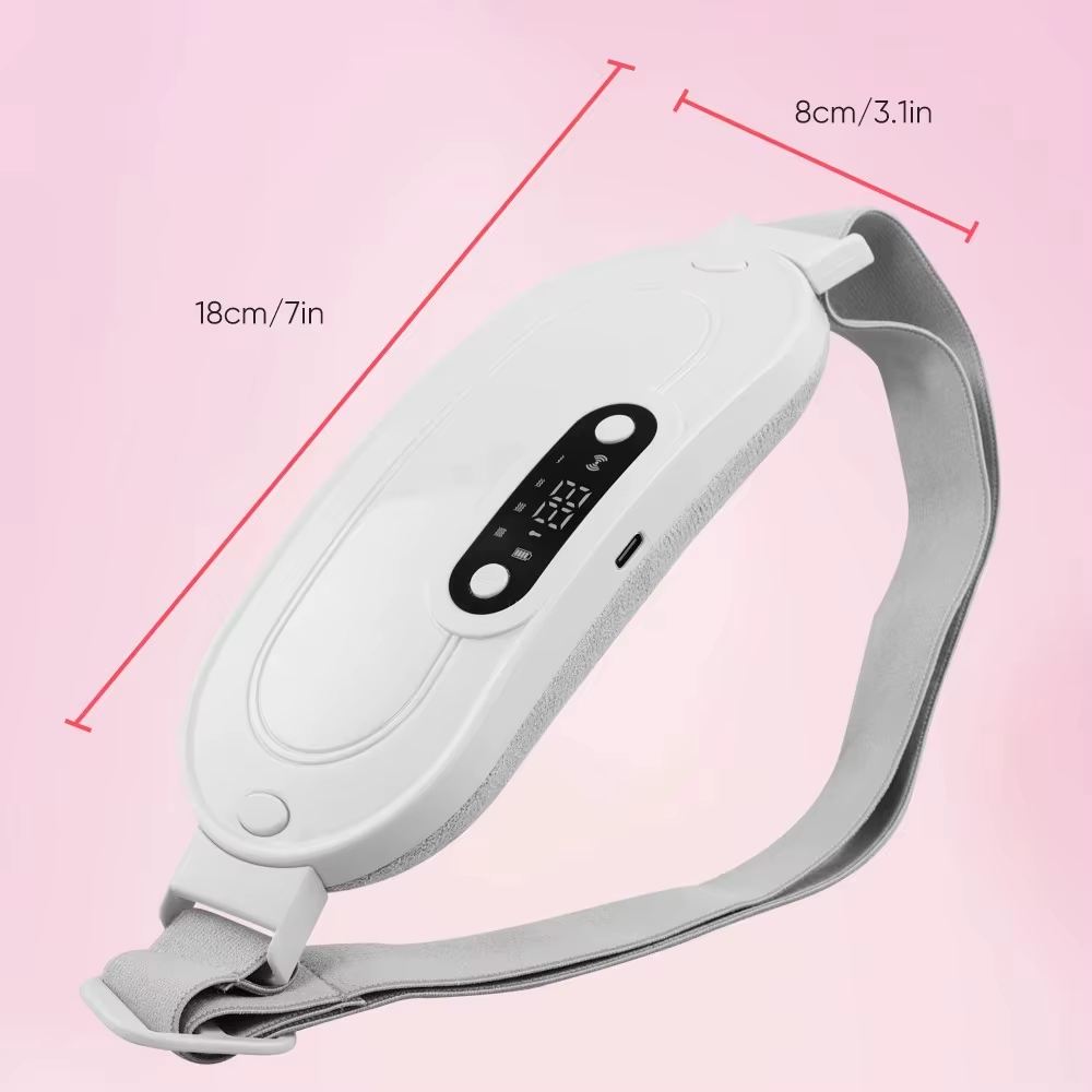 Biały pas grzewczy z zaznaczonymi wymiarami 18 cm długości i 8 cm szerokości, z boku gniazdo USB-C